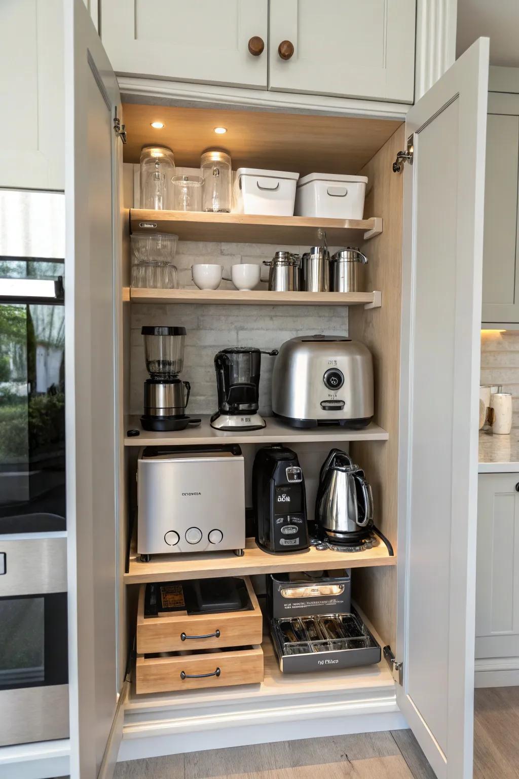 Slide-out shelving offers easy access to kitchen gadgets, boosting both functionality and organization.