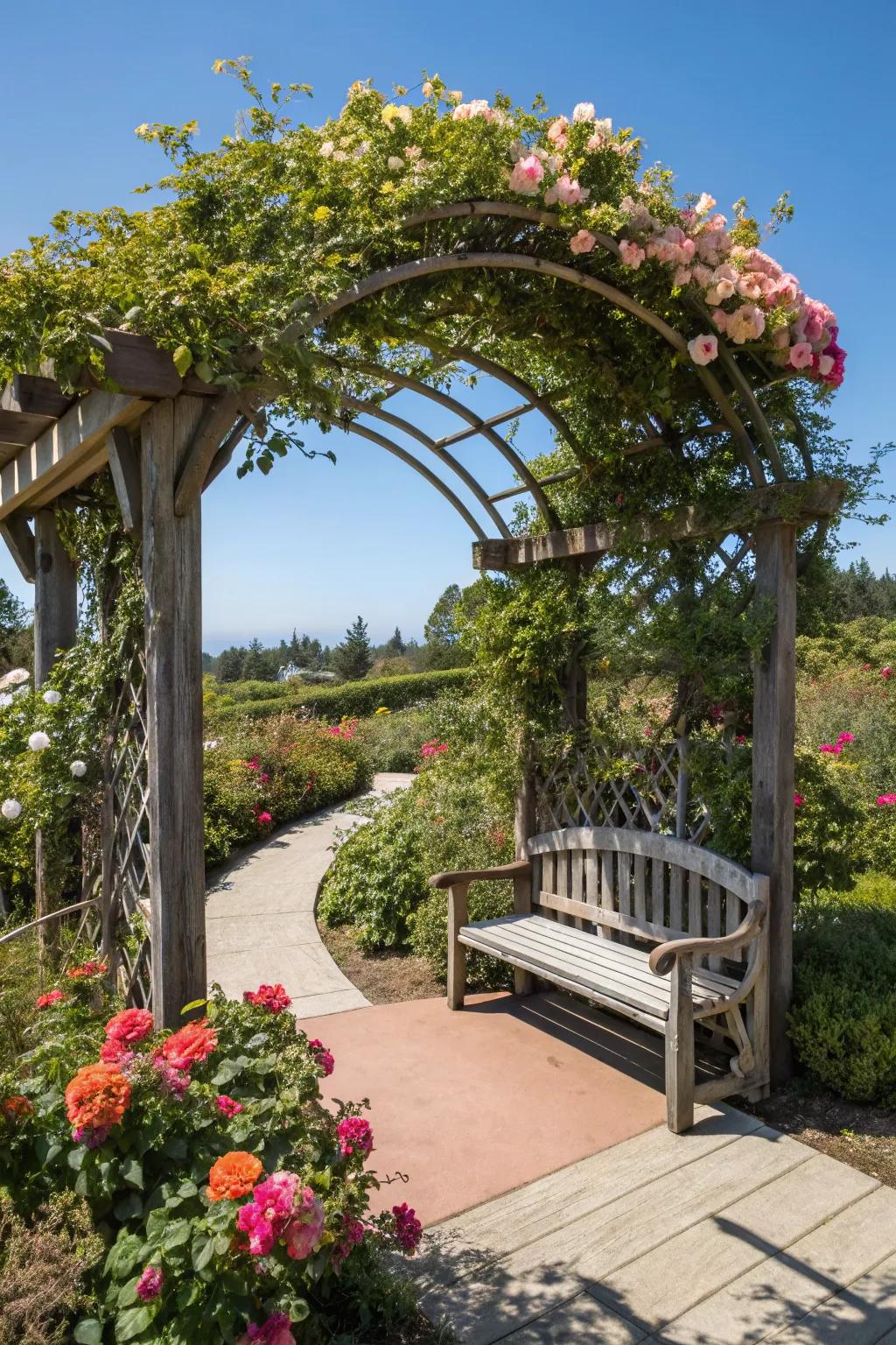 An inviting seating arrangement nestled within a garden arbor sanctuary.