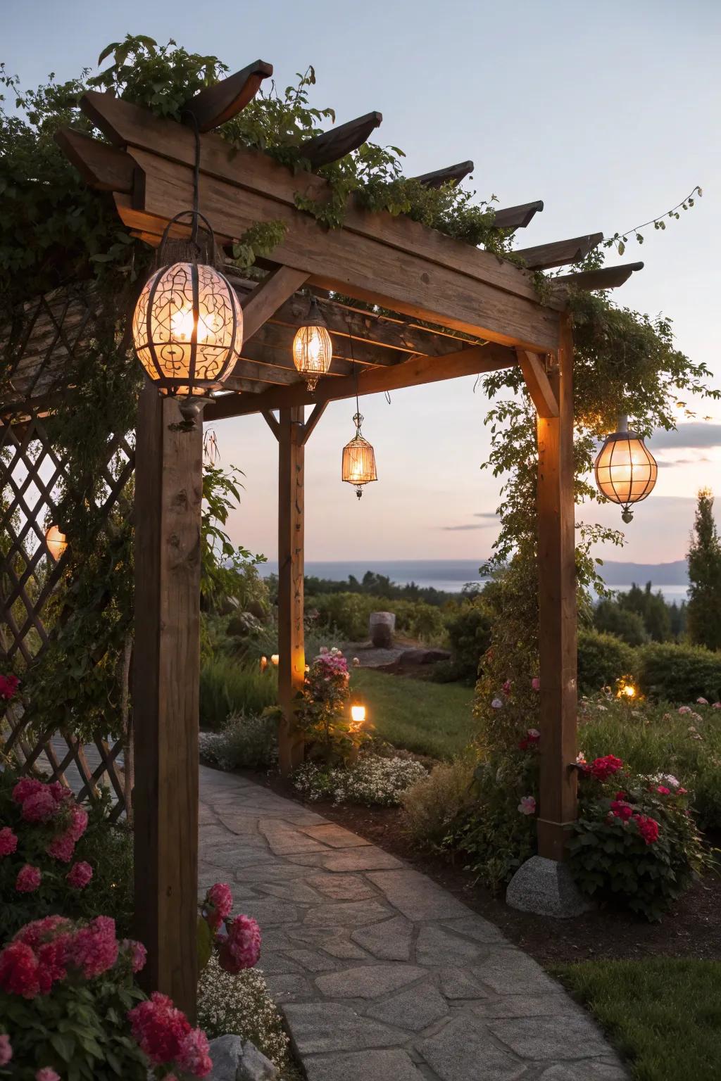 Vintage lanterns on a wooden arbor create a magical evening ambiance.