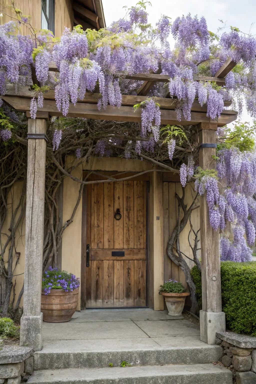 A wooden arbor featuring a floral wisteria canopy for a whimsical entrance.