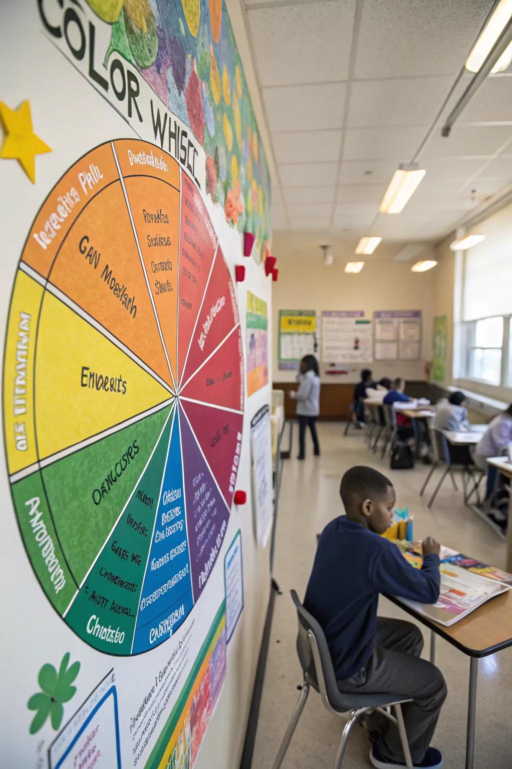 An interactive color wheel bulletin board inviting student interaction.