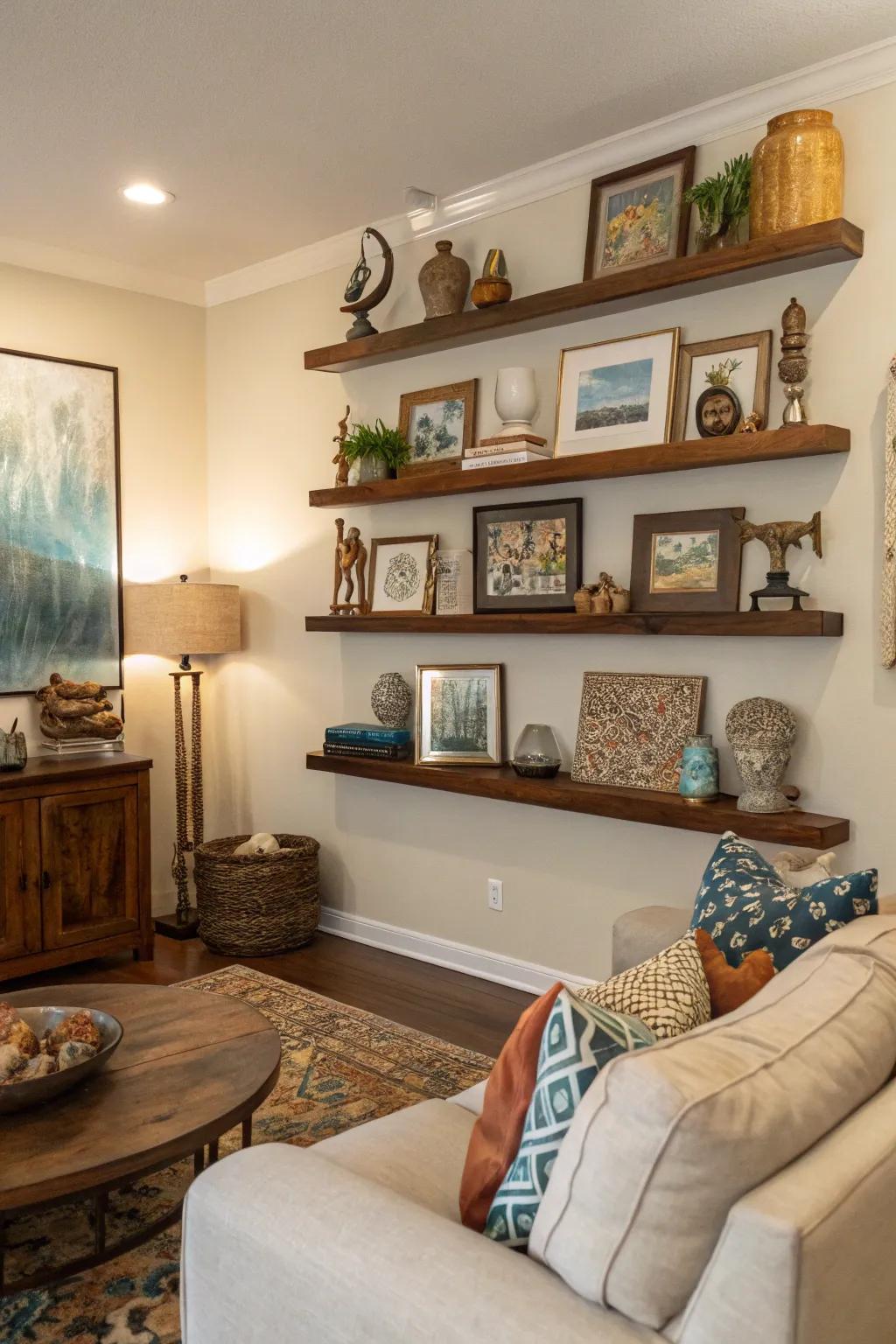 Elevated shelves provide adaptability and creativity in art presentation.