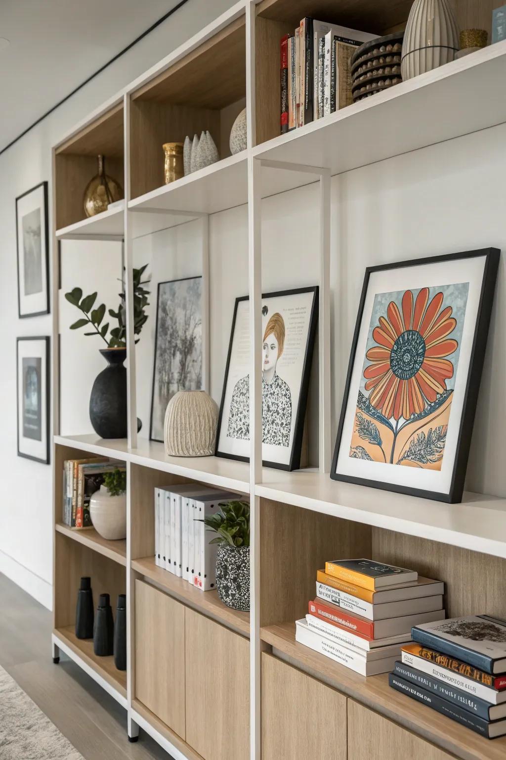 A sophisticated shelf arrangement featuring art prints and ornamental items.