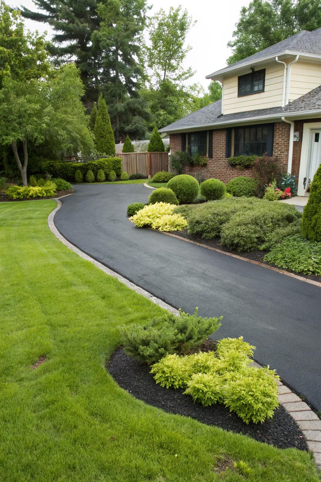 Dark asphalt beautifully contrasts with lush green landscapes.