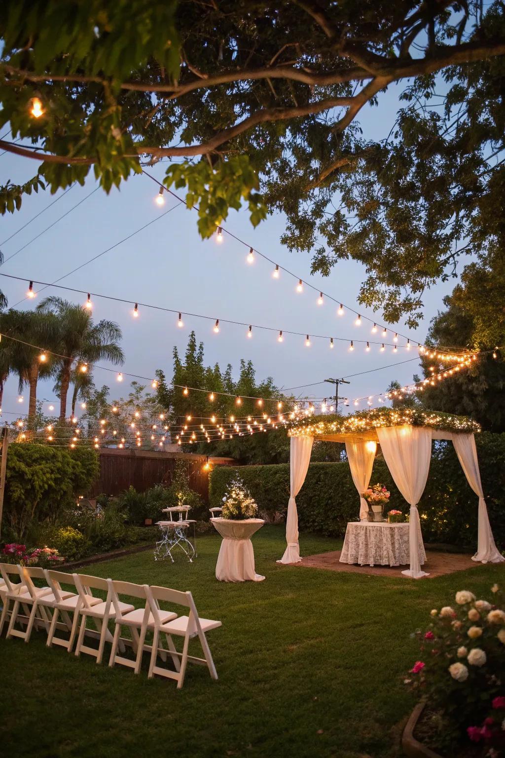 For an evening wedding, string lights provide a magical ambiance.