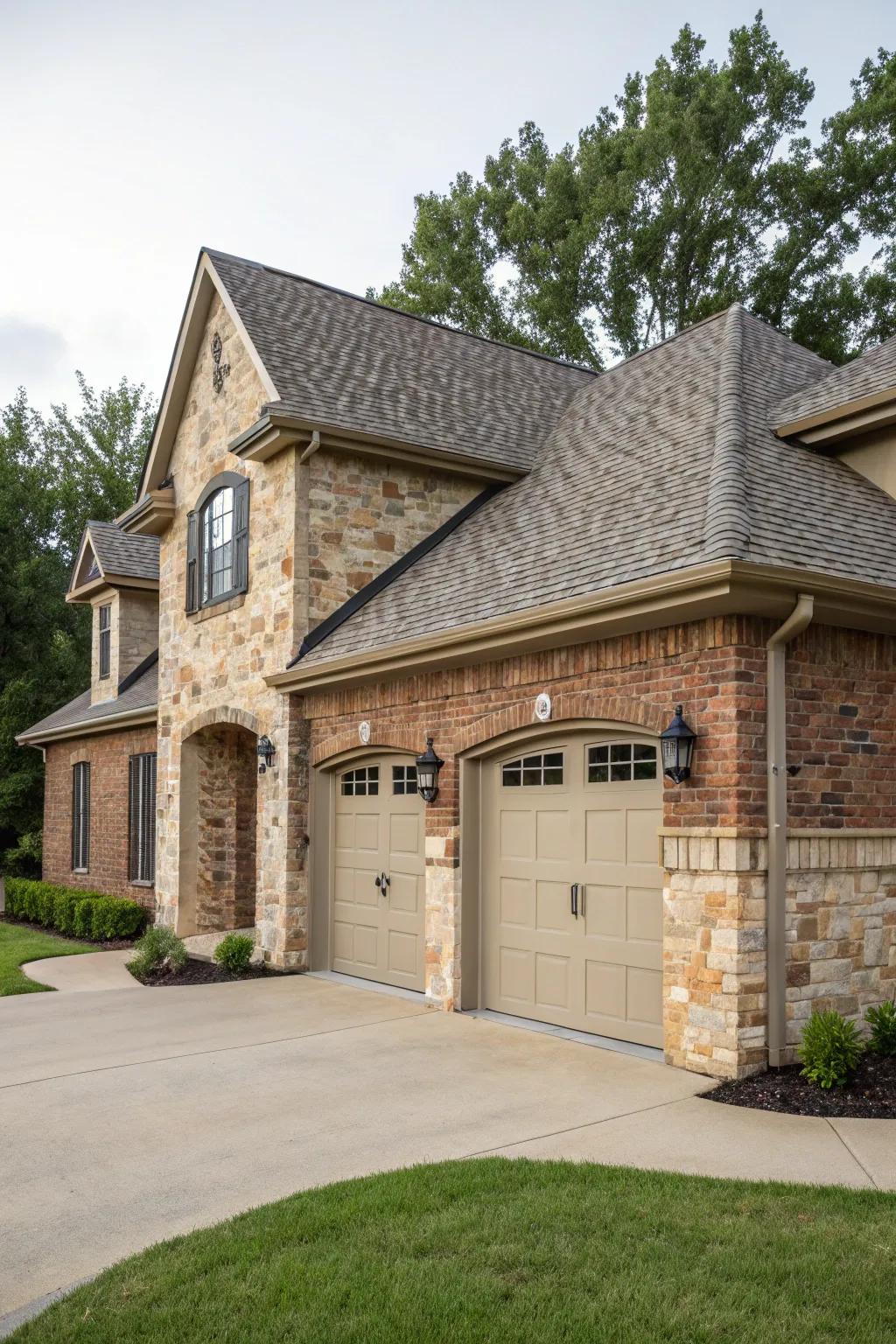 A garage utilizing matching materials to present a unified exterior look.