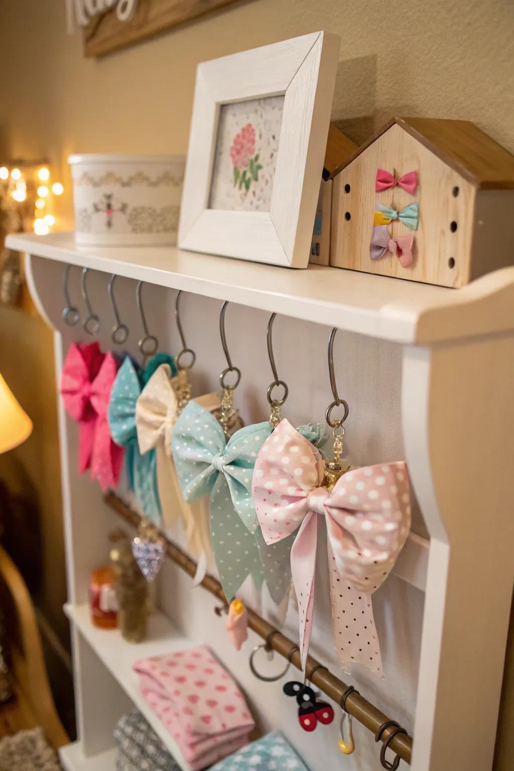 Shelving units featuring hooks blend storage and display for bows.