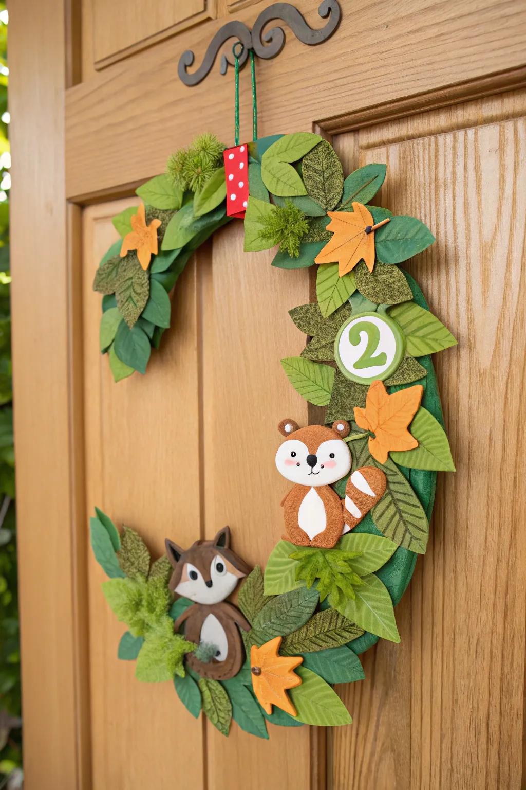 A nature-inspired door adornment with woodland elements for a baby boy's room.