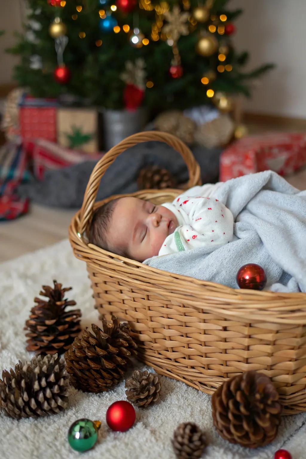 A cozy basket scene perfect for a festive baby photoshoot.