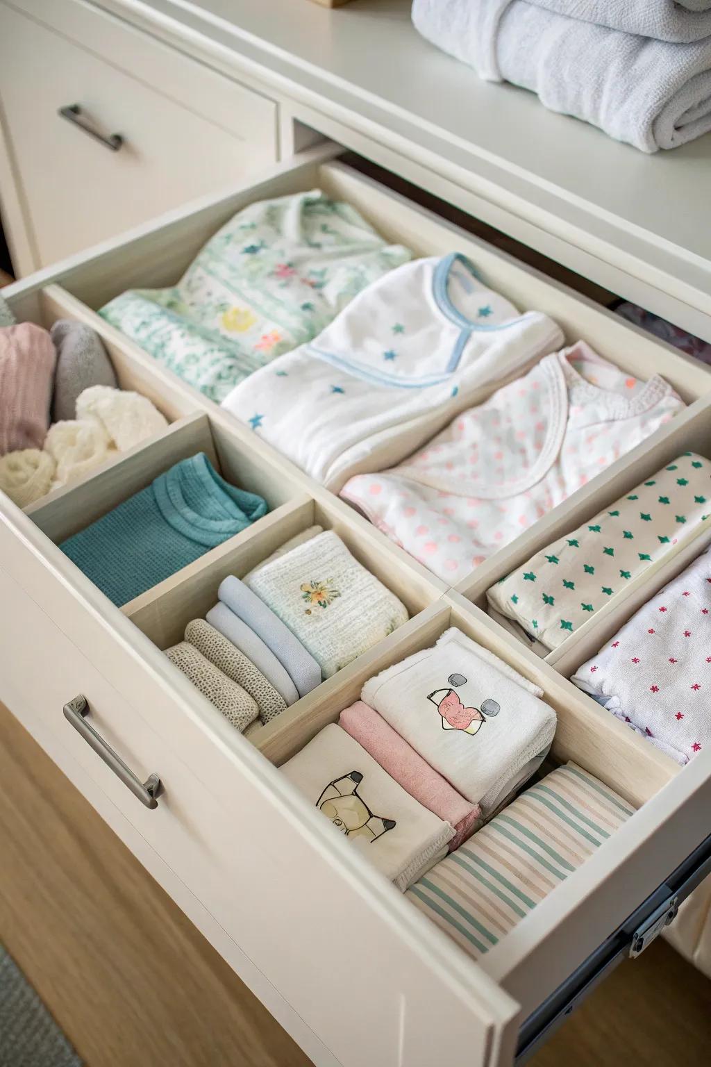 Drawer dividers make baby clothes easy to find and store.