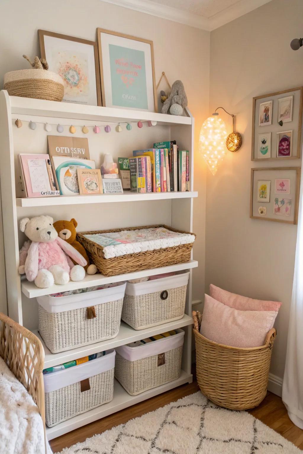 Clever storage options keep the baby's corner organized and tidy.