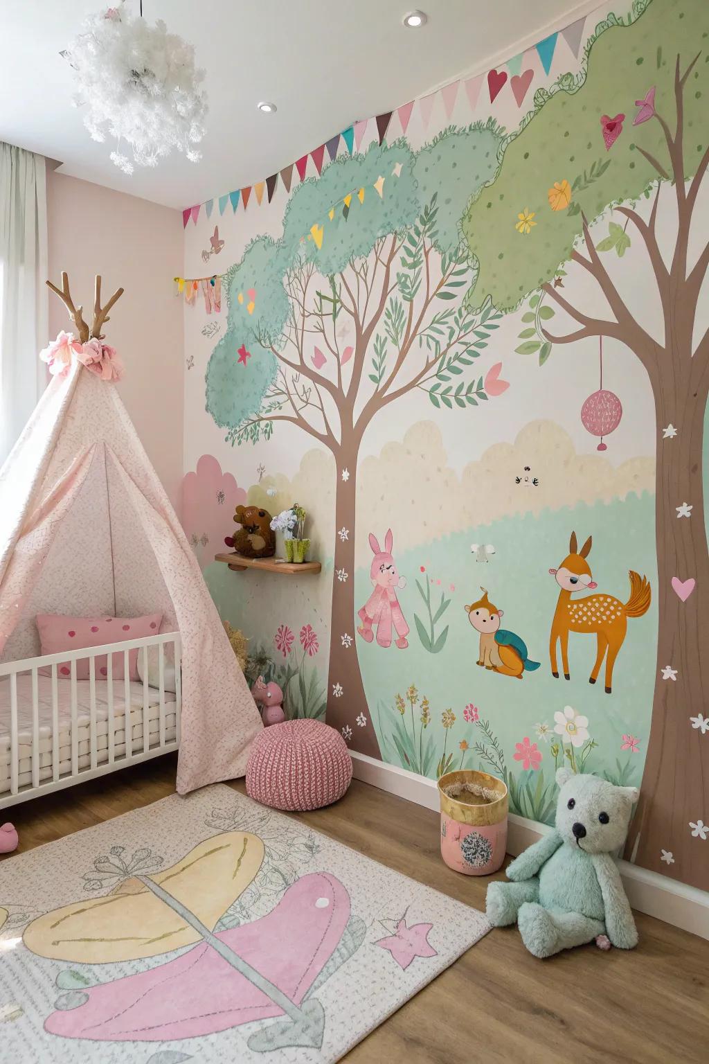 An enchanting mural breathes life into the room with tales and dreams.