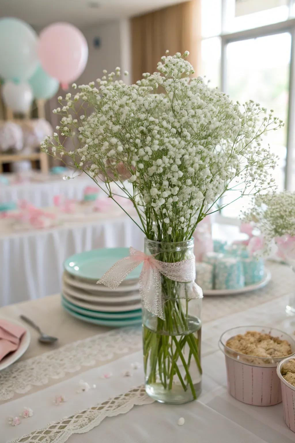 Subtle baby’s breath centerpiece incorporating an elegant touch