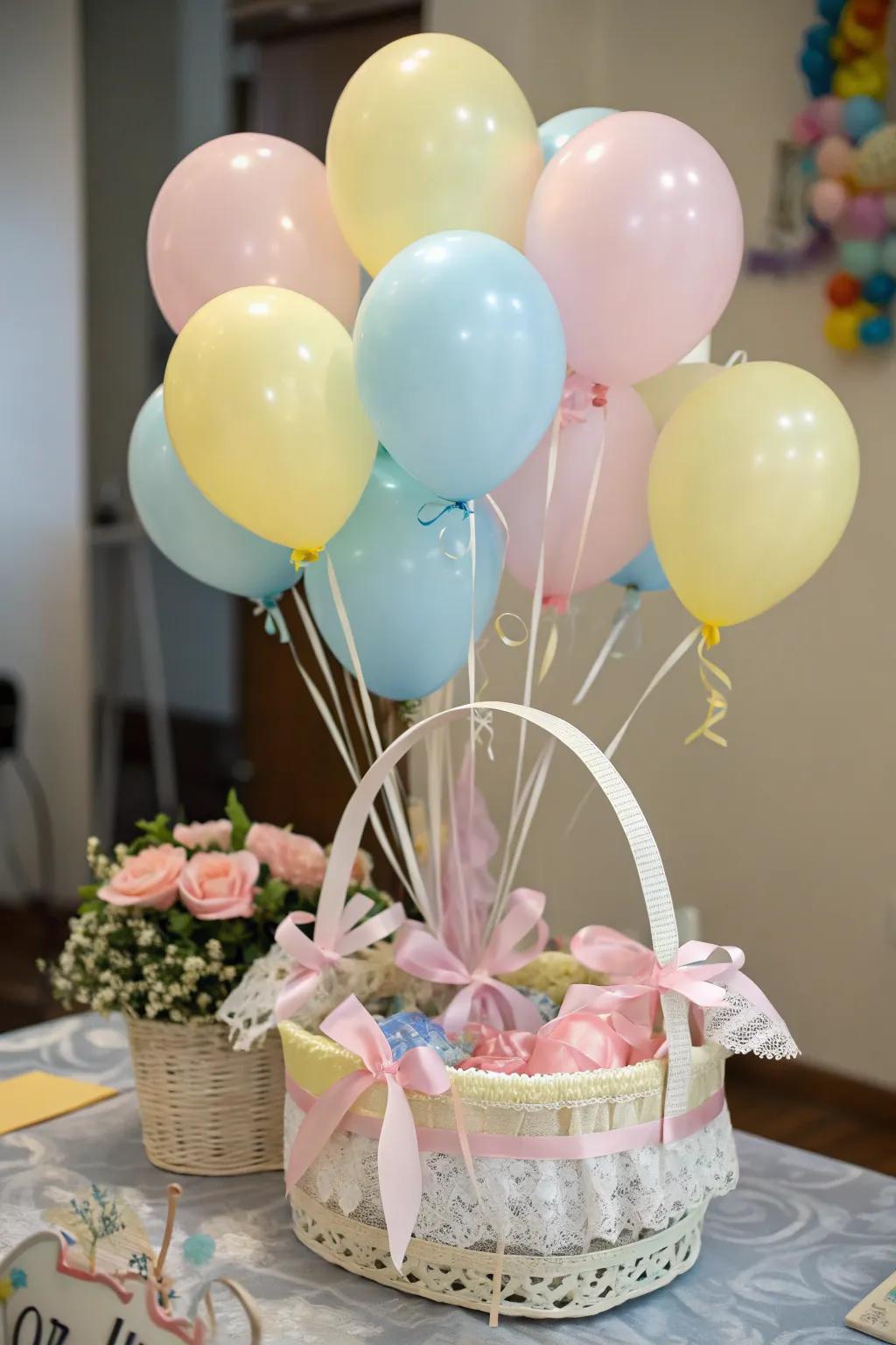 Pastel balloon bouquets add color and fun.