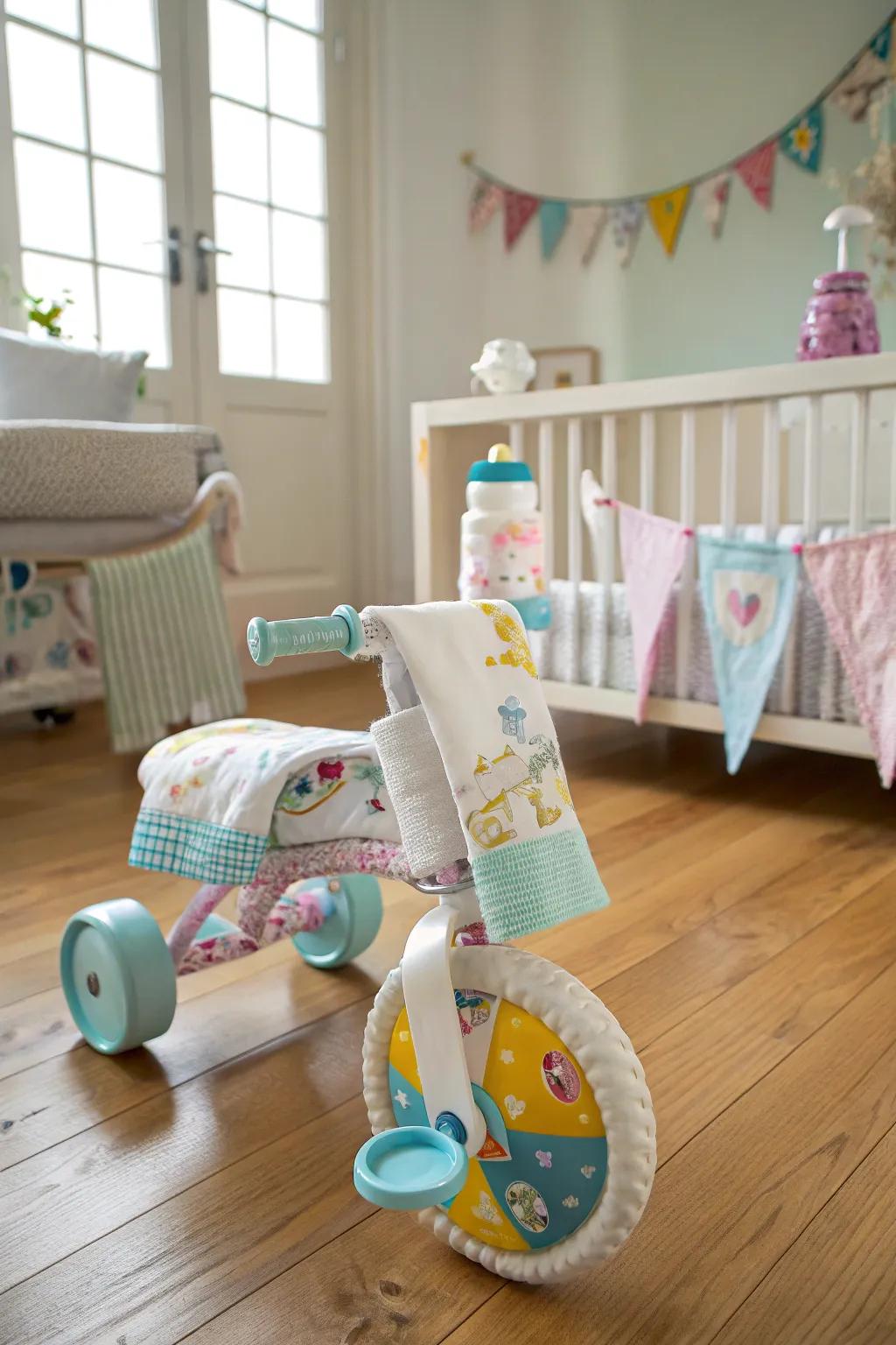 A playful diaper trike prepared to roll into a baby shower.