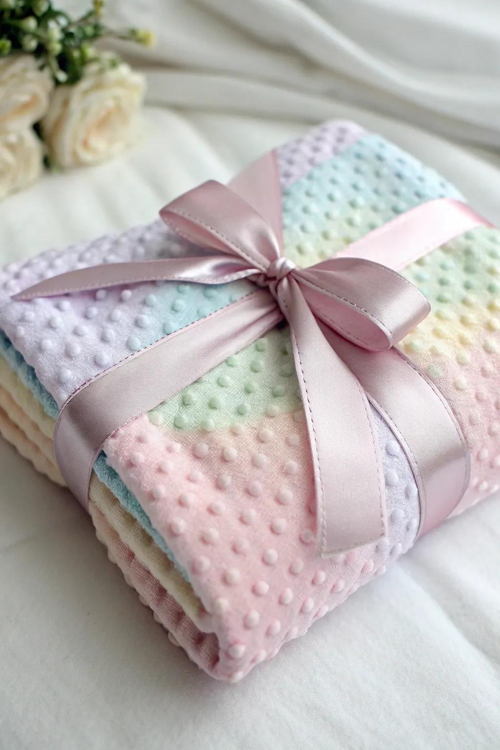 A gentle baby blanket employed as a chic gift wrap, ideal for a baby shower.