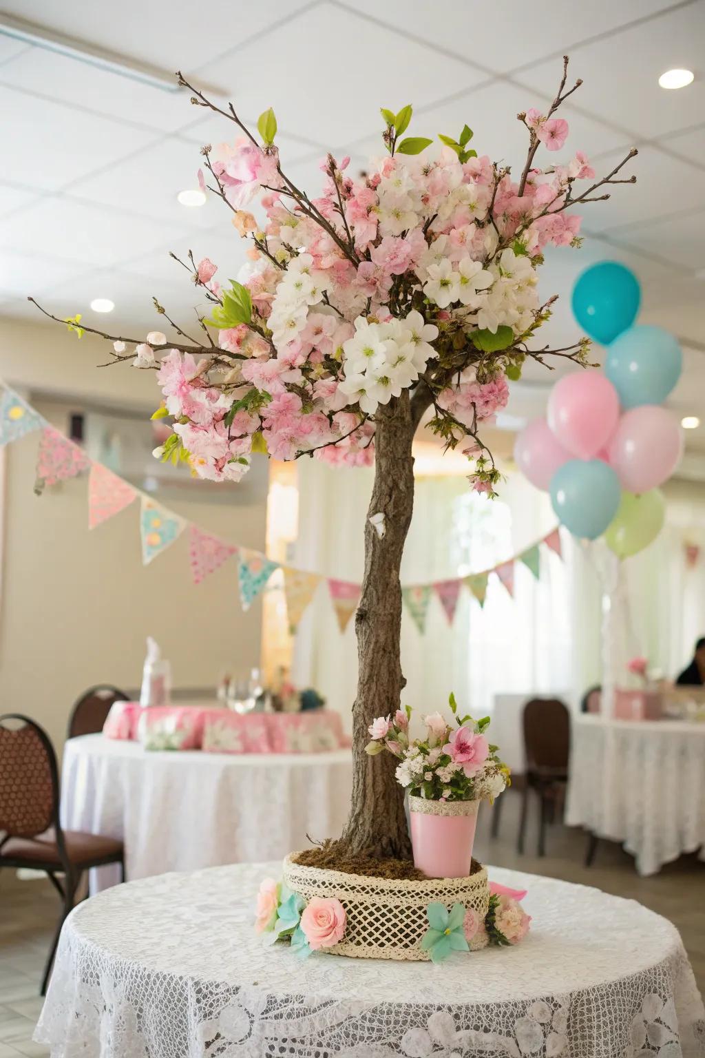 A flowering tree focal point boasting pastel-toned blossoms.