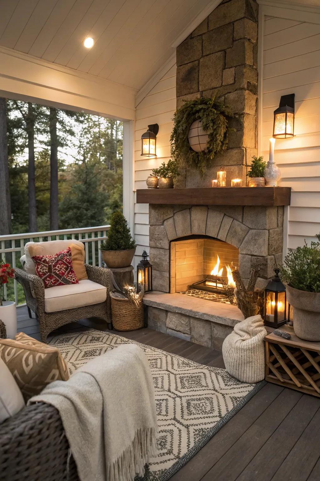 Savor cozy evenings by the porch fireplace.