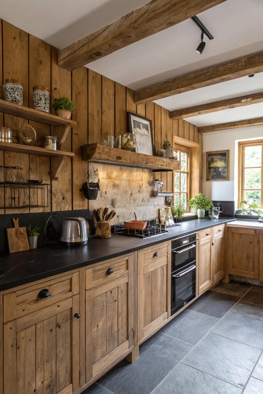 Wooden splashbacks bring warmth and a natural touch to the cooking space.