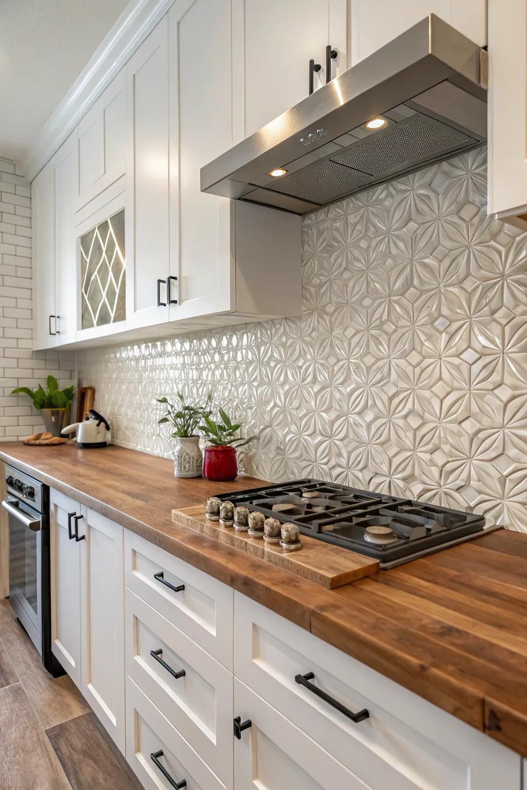 Incorporate dimension by using detailed tiles opposed to warm wood.