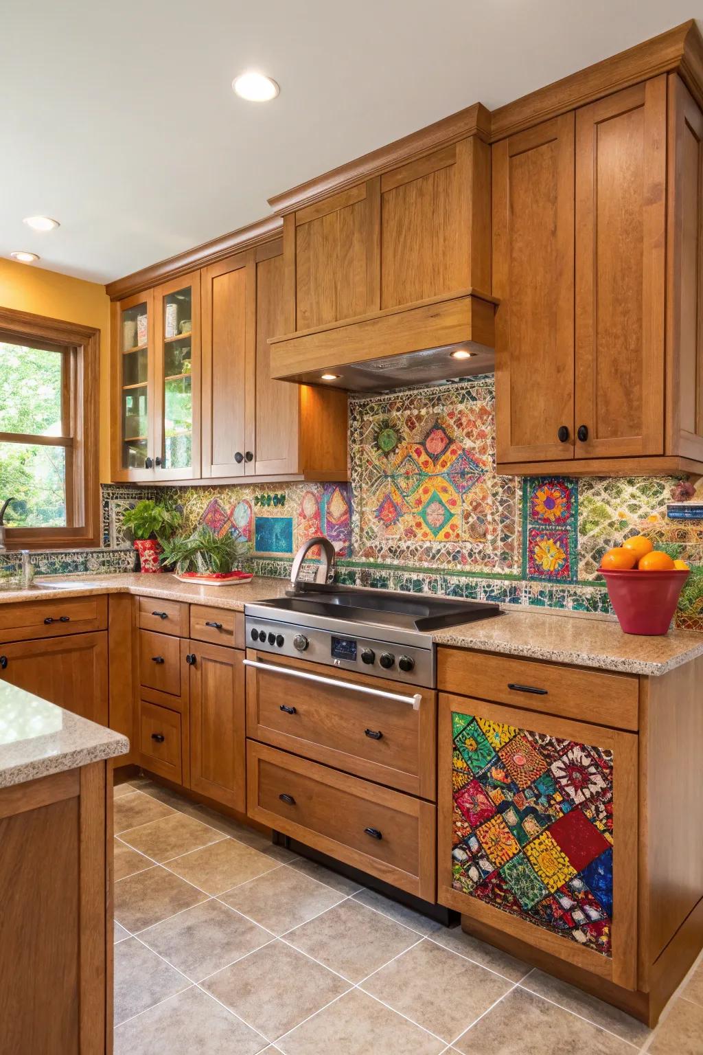 A striking patterned style gives a colorful burst to maple cabinets.