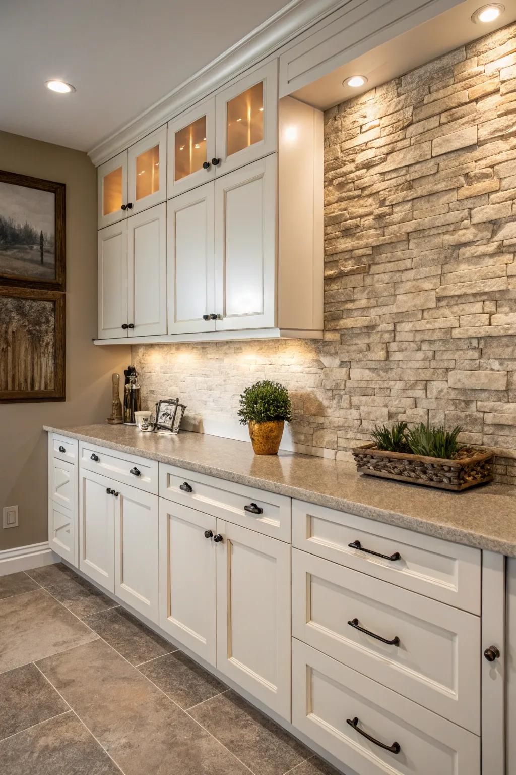 Textural rock tiles add depth and warmth to the kitchen