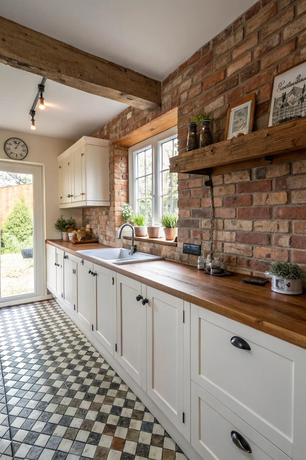 Brick backsplashes bring warmth and charm to a white kitchen.