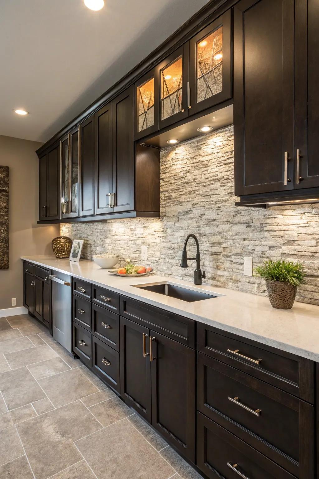 Add dimension with textured stone tiles.