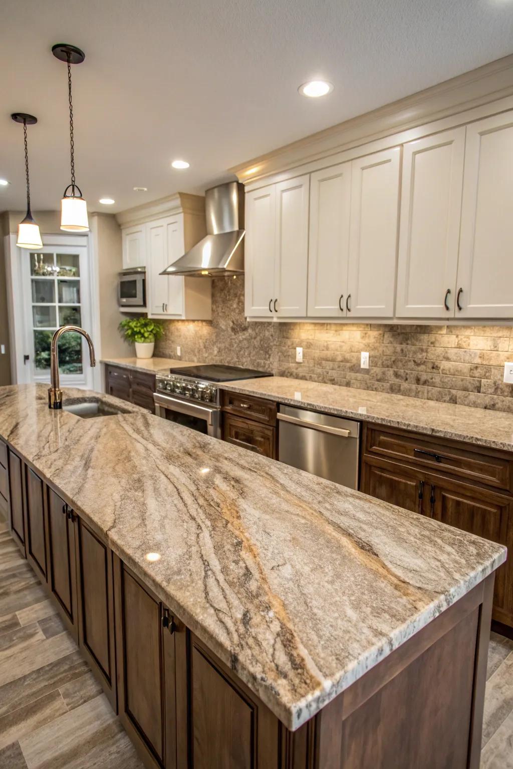 A continuous granite backsplash creates a cohesive look.