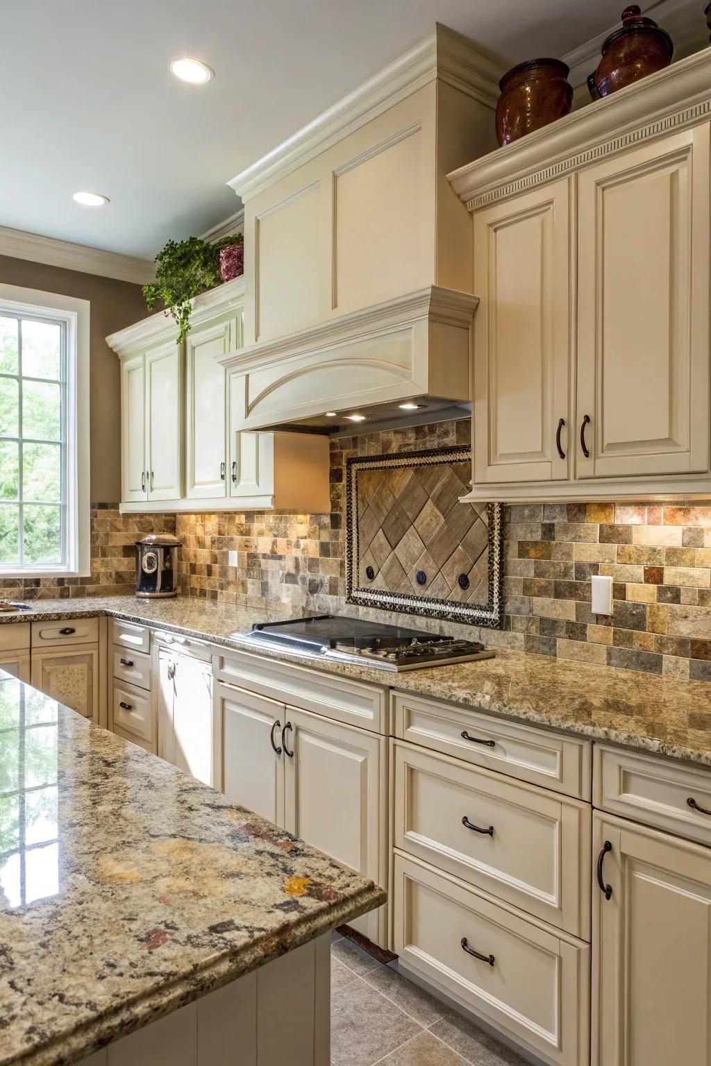 Between the granite worktops and the backsplash, there is perfect color harmony.