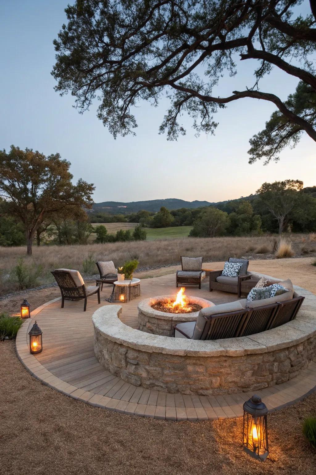 A captivating fire pit arrangement on decomposed granite, ideal for gatherings.