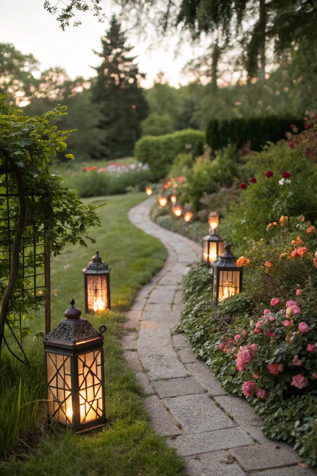 Lanterns light up a garden path, adding charm and illumination.