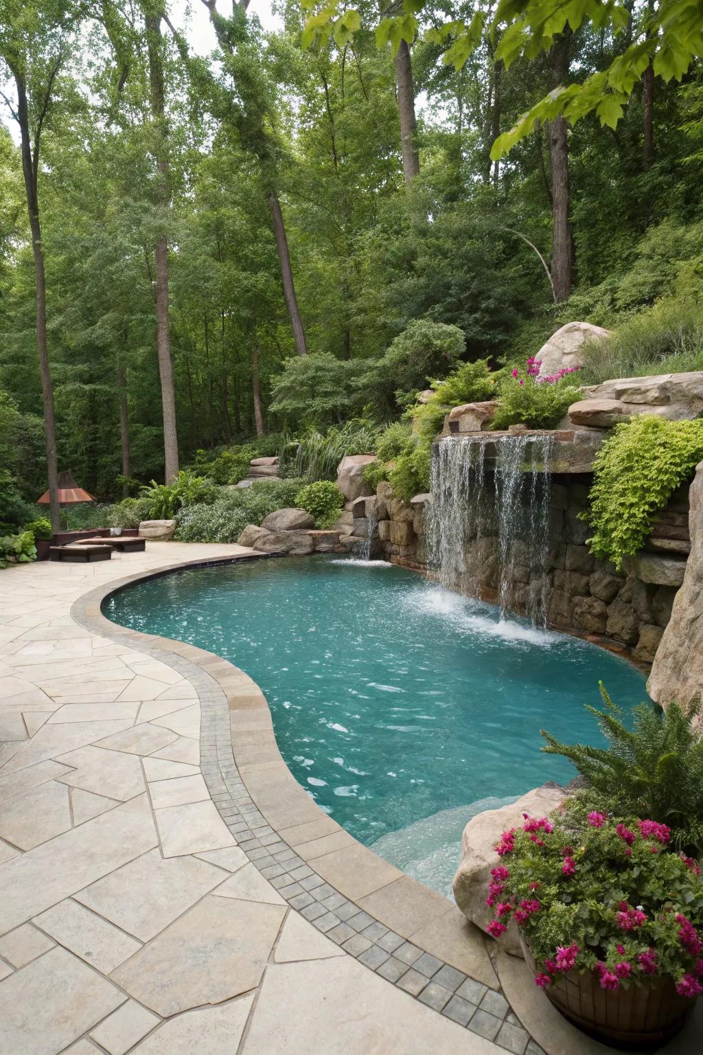 A cascade brings both charm and tranquility to the pool area.