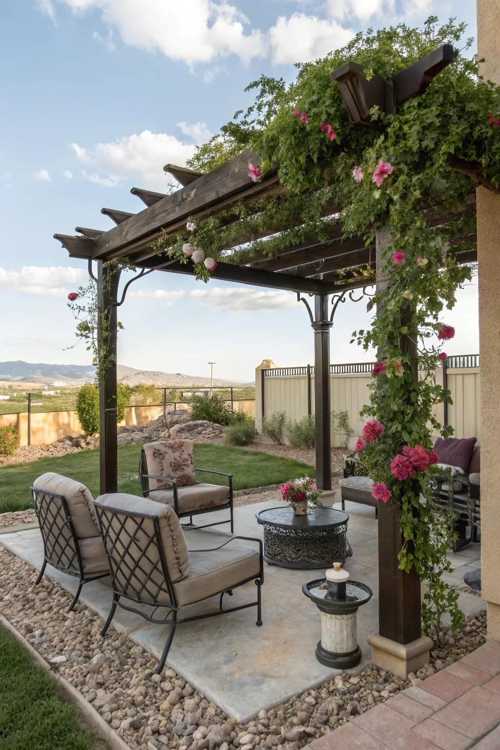 Design a comforting shaded area using an attractive canopy structure.