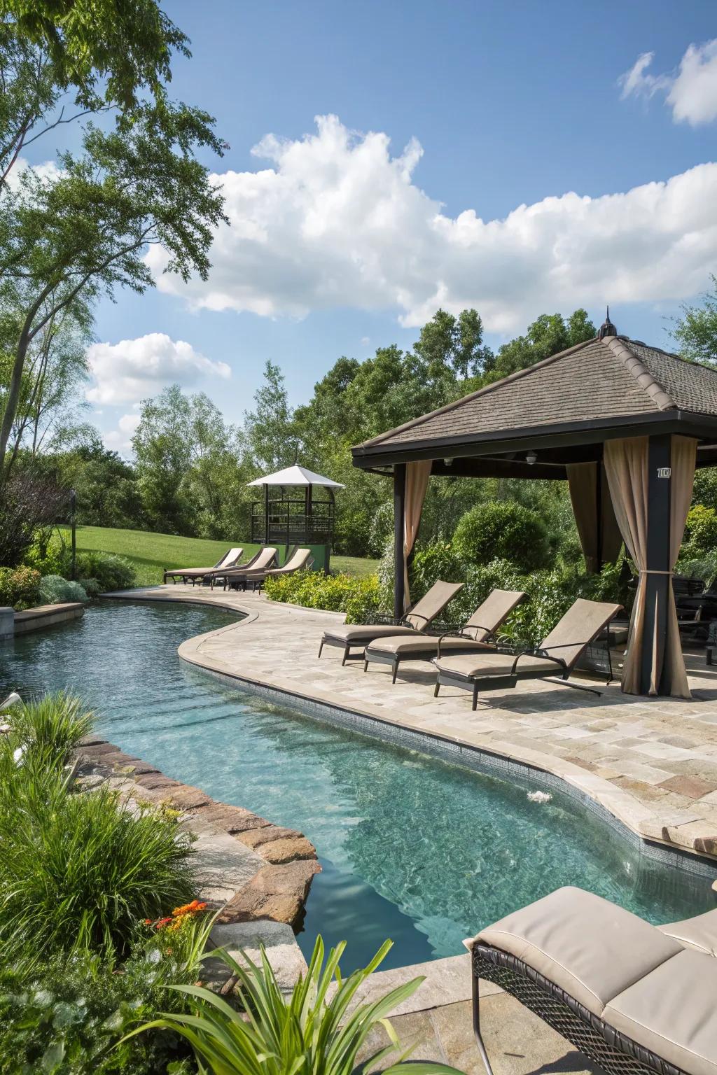 A relaxing seating area by the lazy river, ideal for unwinding.