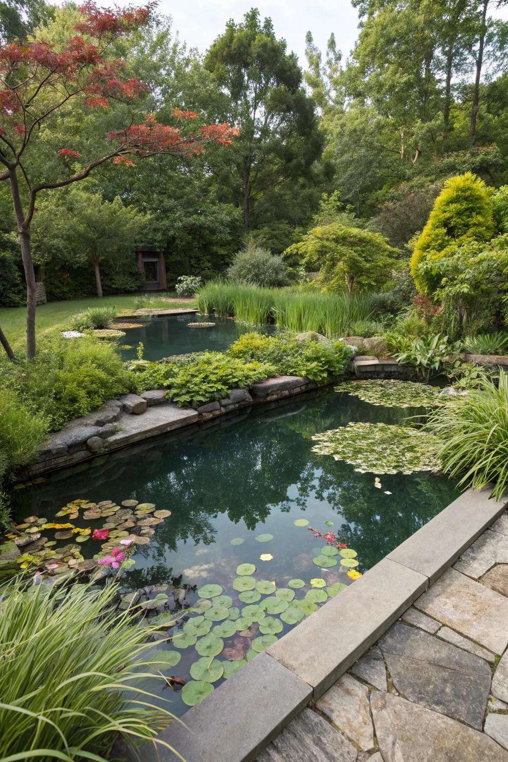 A tranquil eco pool featuring a drifting swamp for sustainable maintenance.