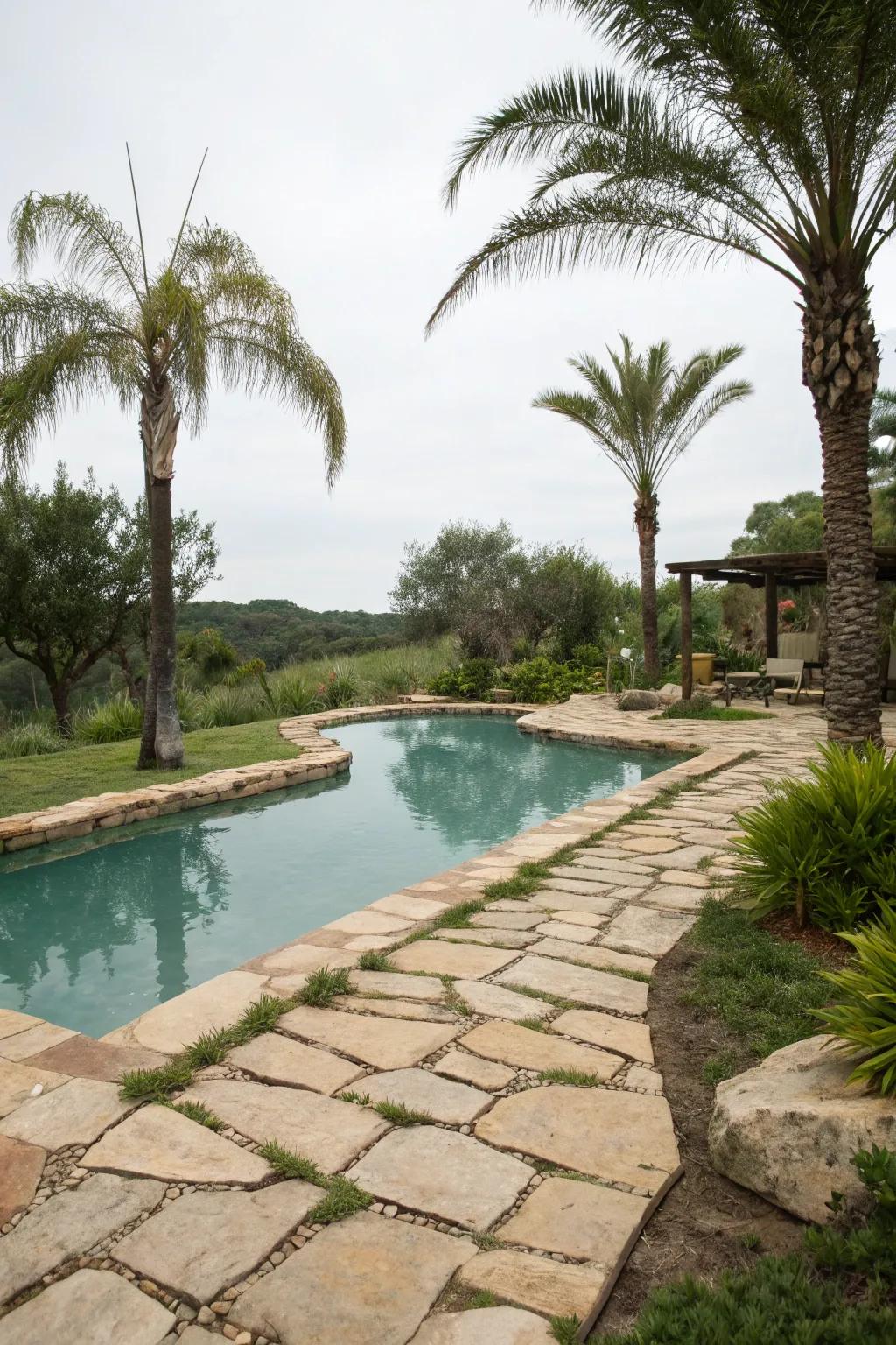 Natural rock walkways beautifully enhance the tropical vista.