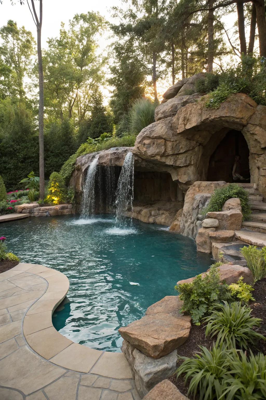 A grotto cascade infuses vibrant exploration into your pool vicinity.
