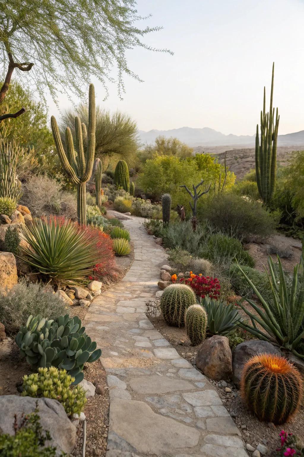 A backyard trail showcasing an assortment of succulents and desert flora.
