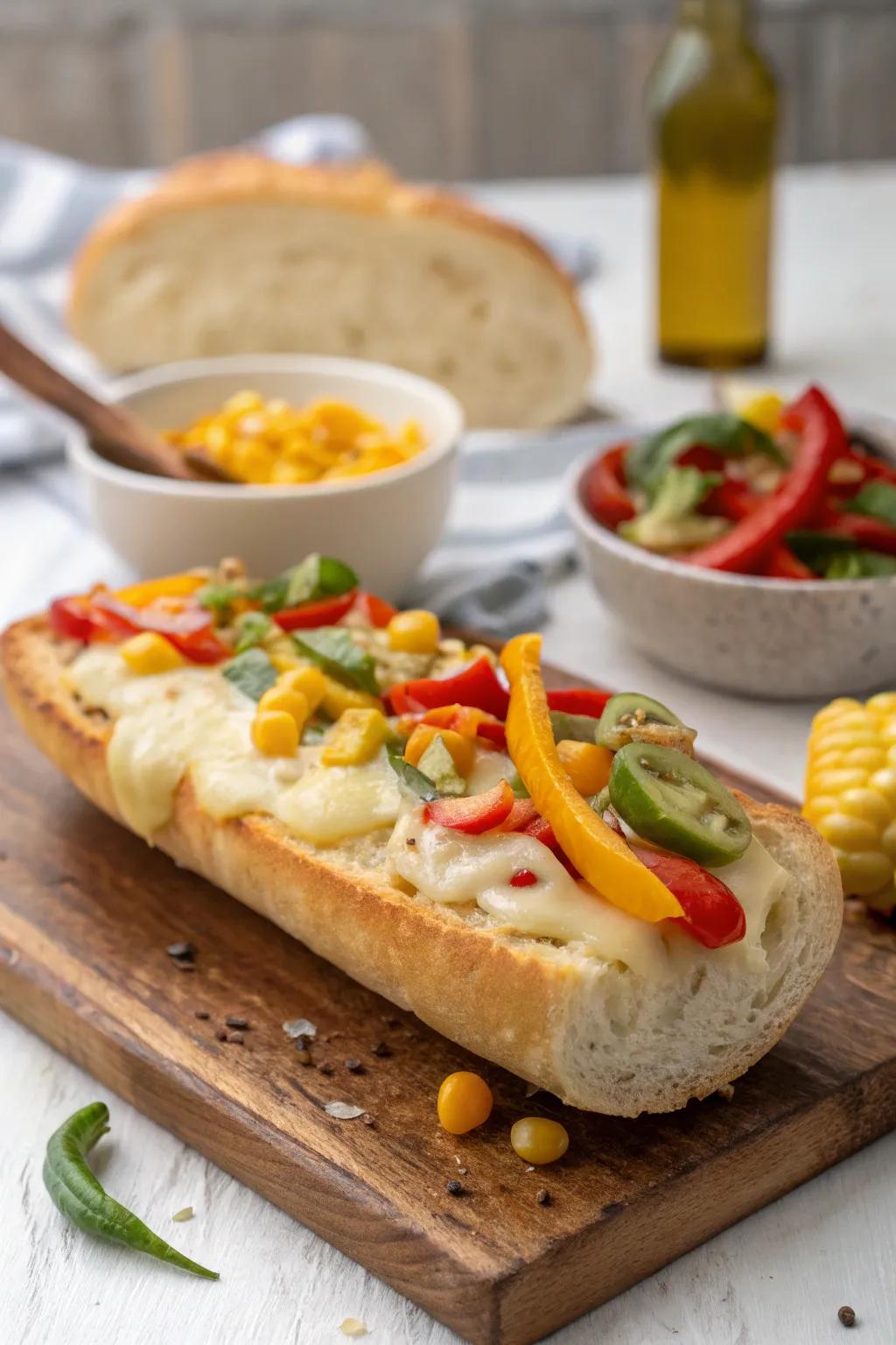 Melted raclette cheese on a baguette, decorated with colorful veggies.