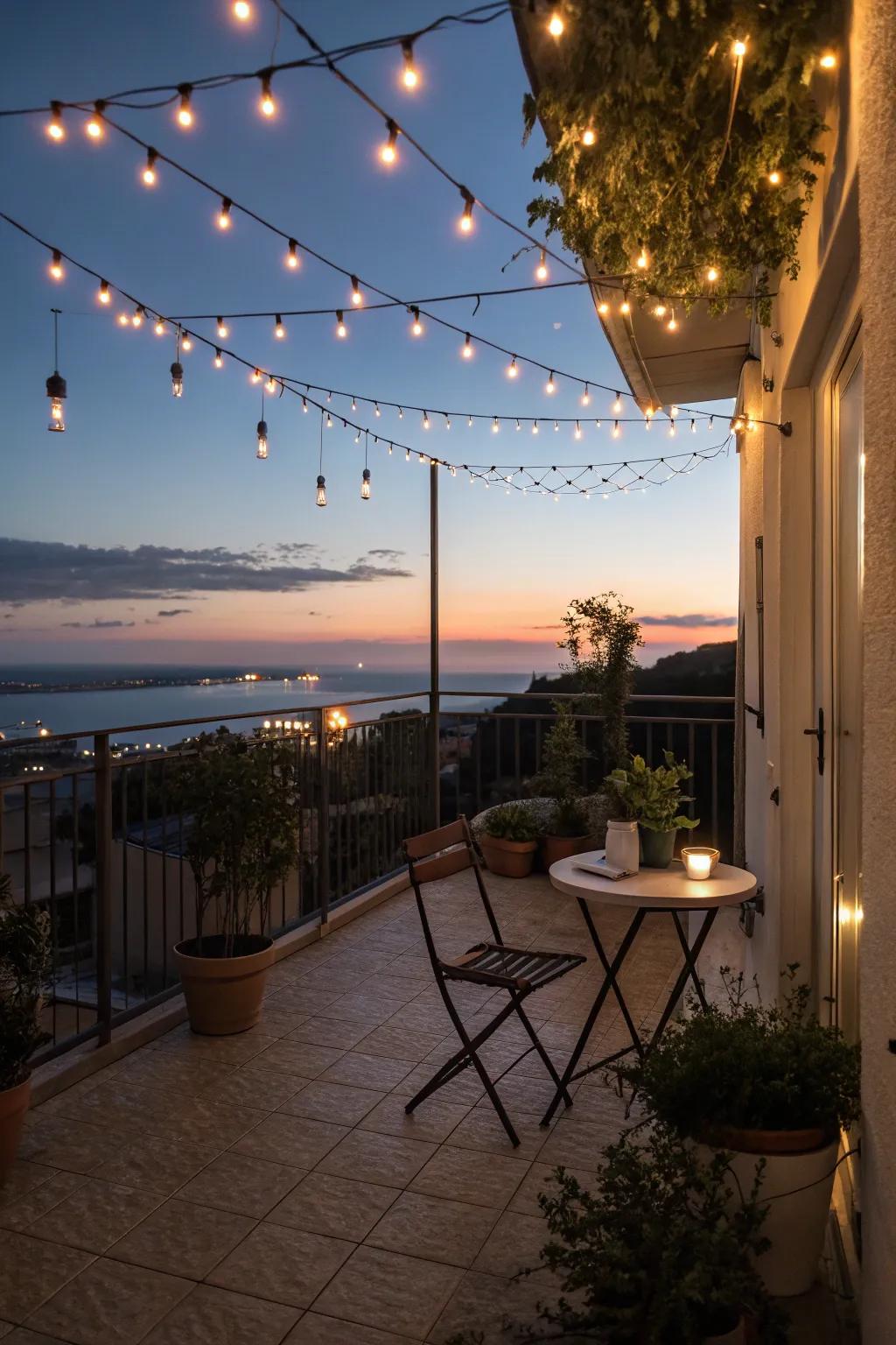 Twinkling lights bring a touch of charm and a cozy glow to your balcony.