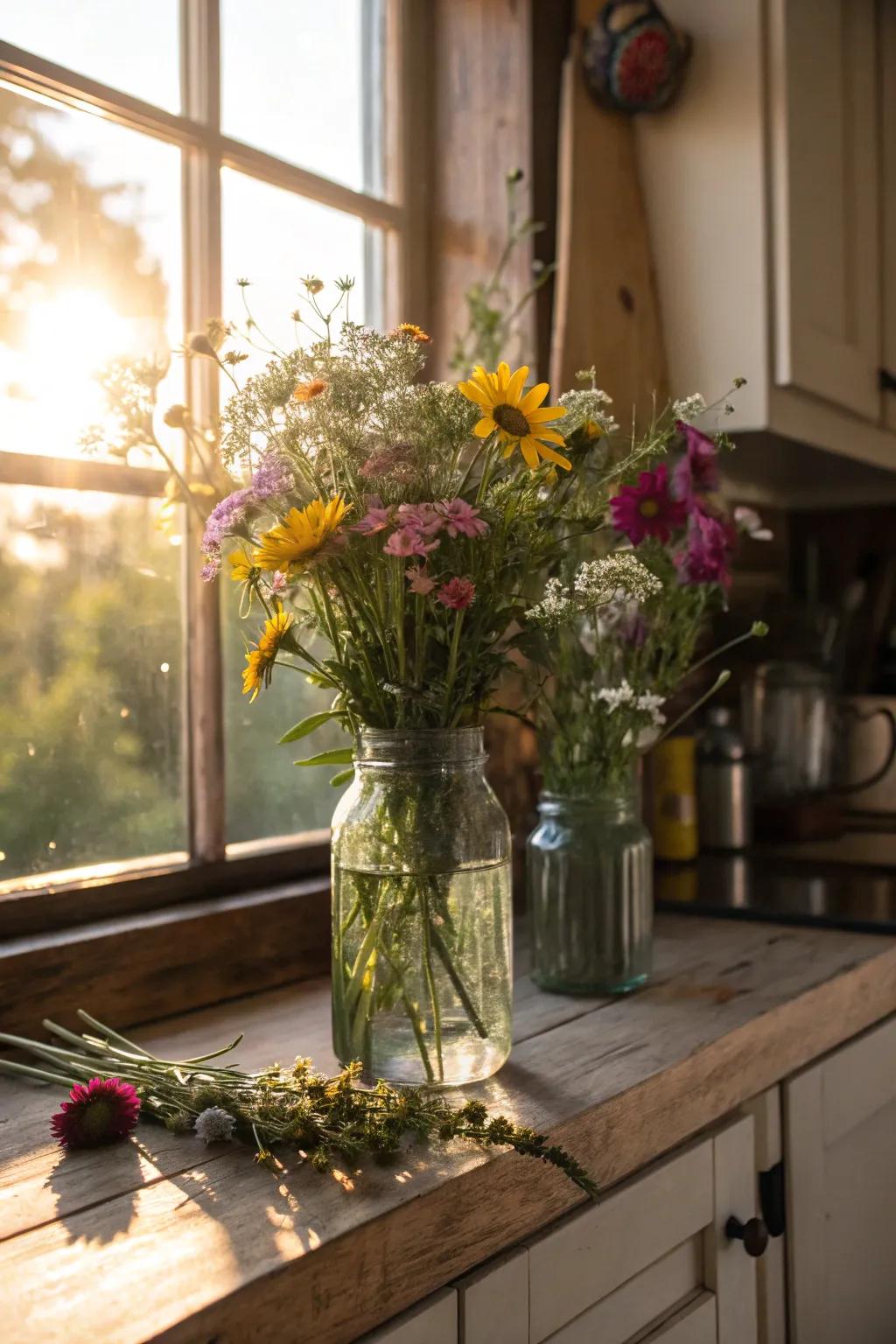 Rustic floral arrangements in vintage ball jars add natural charm.