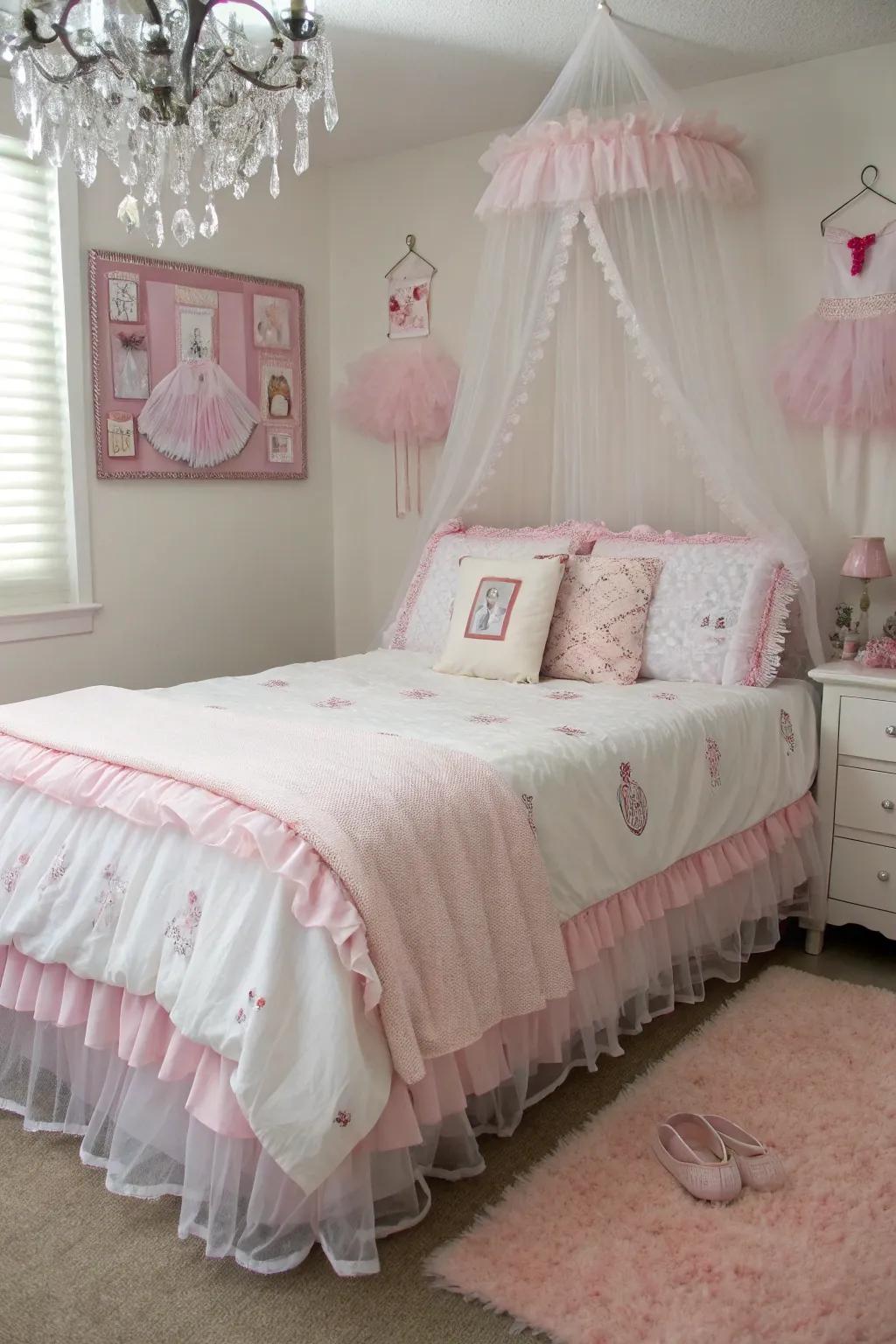 Ruffled bedding contributes a tutu-like appeal to the bed.