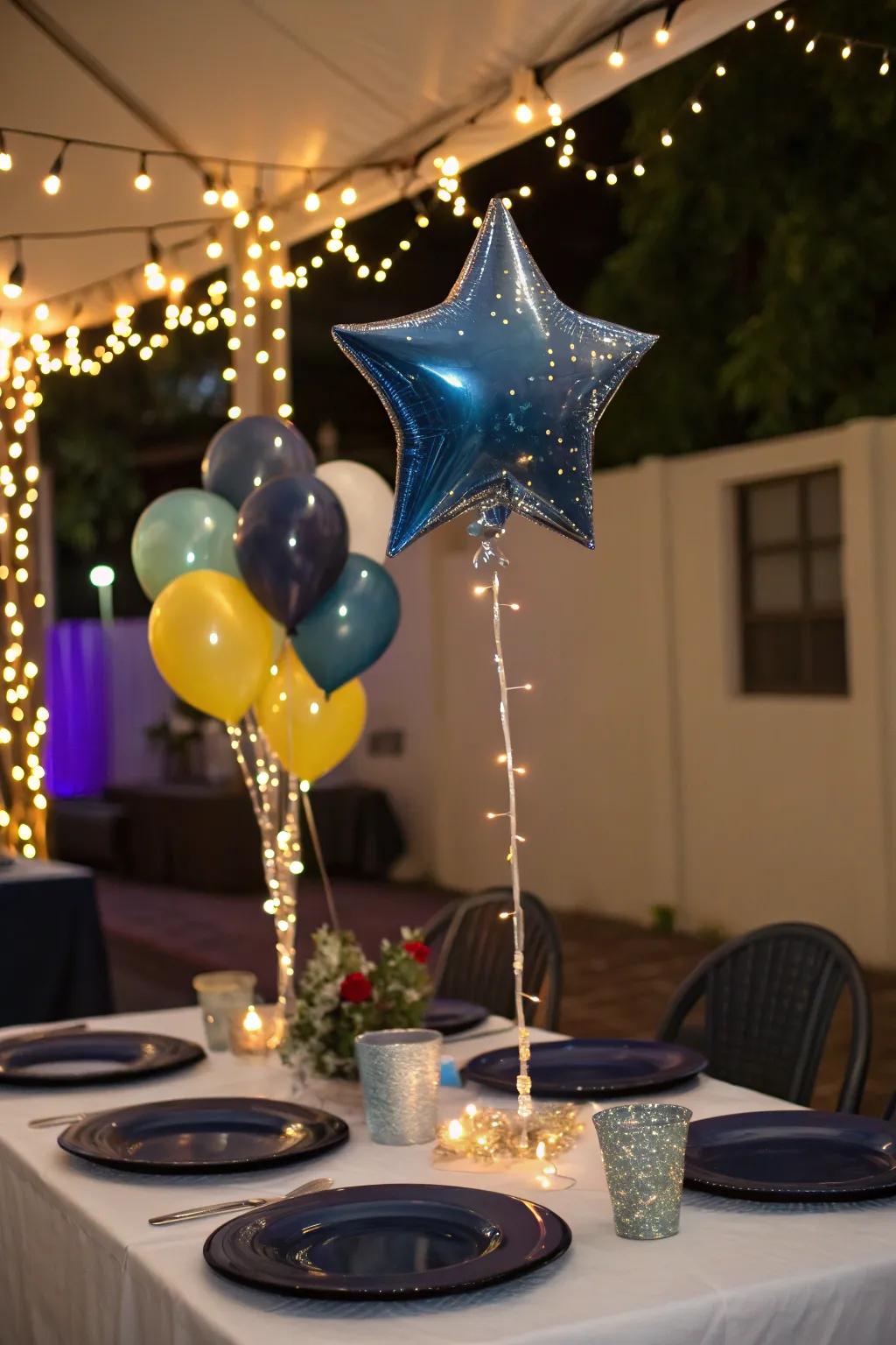 A starry night-themed balloon centerpiece steals the show.