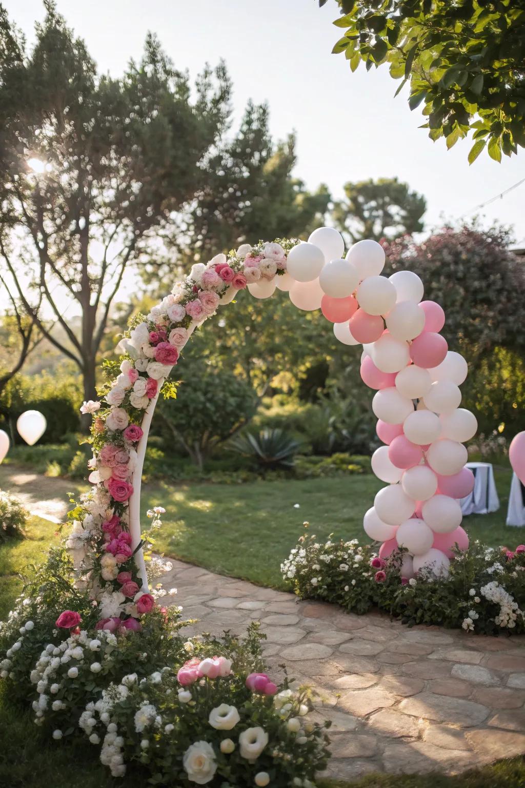 Flowers add a touch of elegance to balloon hoops.