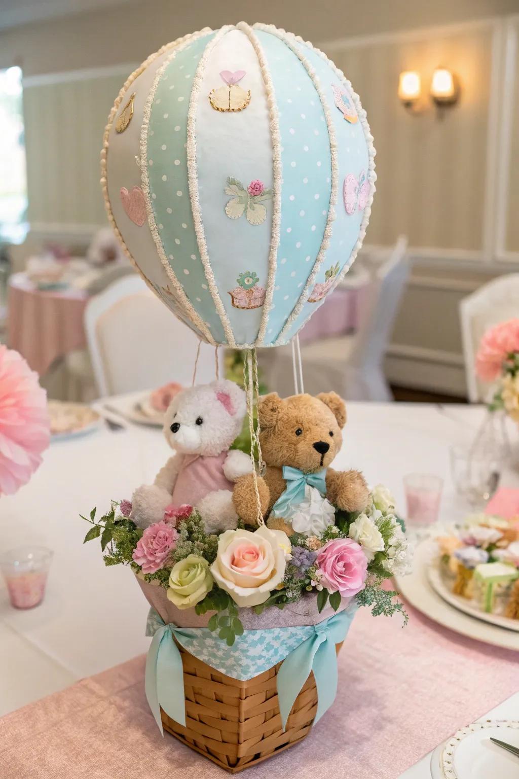 An enchanting airship decoration imparts playfulness to the tablescape.
