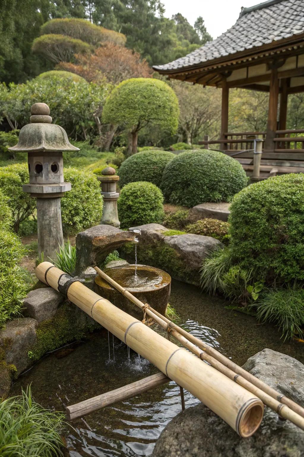A traditional Shishi Odoshi fountain emitting rhythmic sounds in a peaceful garden.