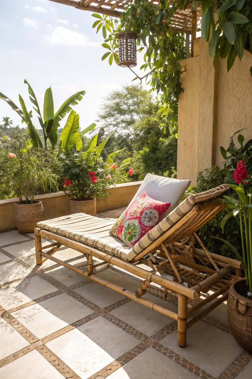 A bamboo daybed gracing a sunny patio