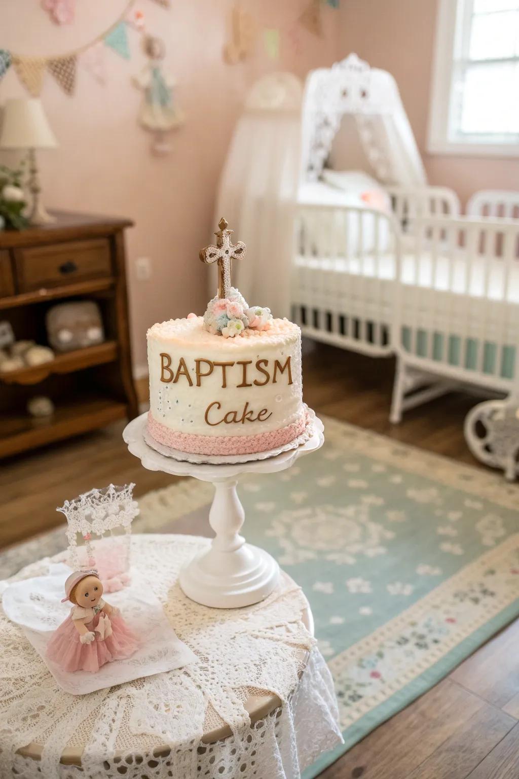 A bespoke cake showcasing the child's name in a sophisticated script.