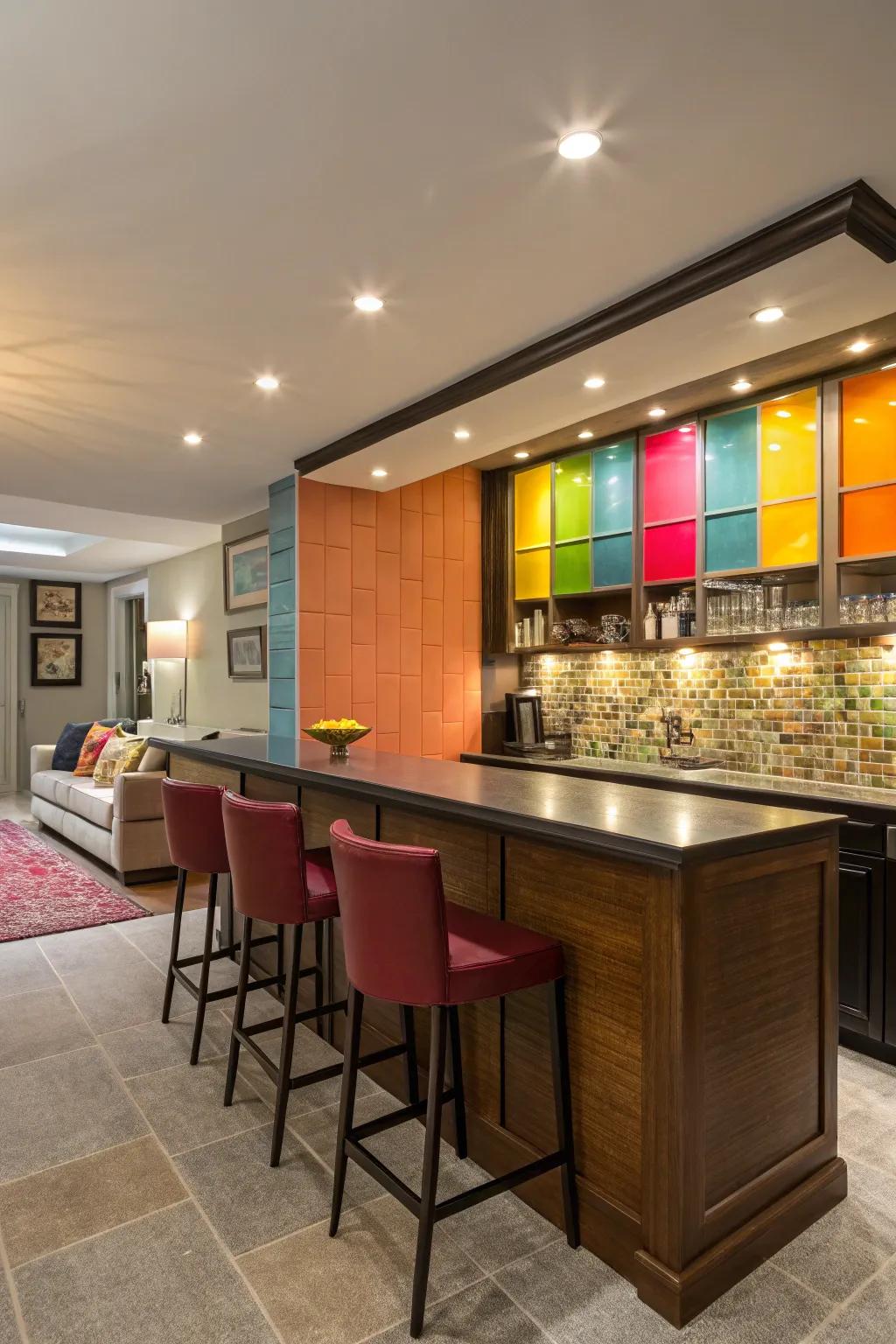 A home bar displaying a striking hue segment backsplash in vibrant shades.